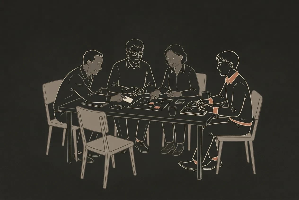 Four people discuss a shared idea around a table, with an open chair welcoming the viewer to join.